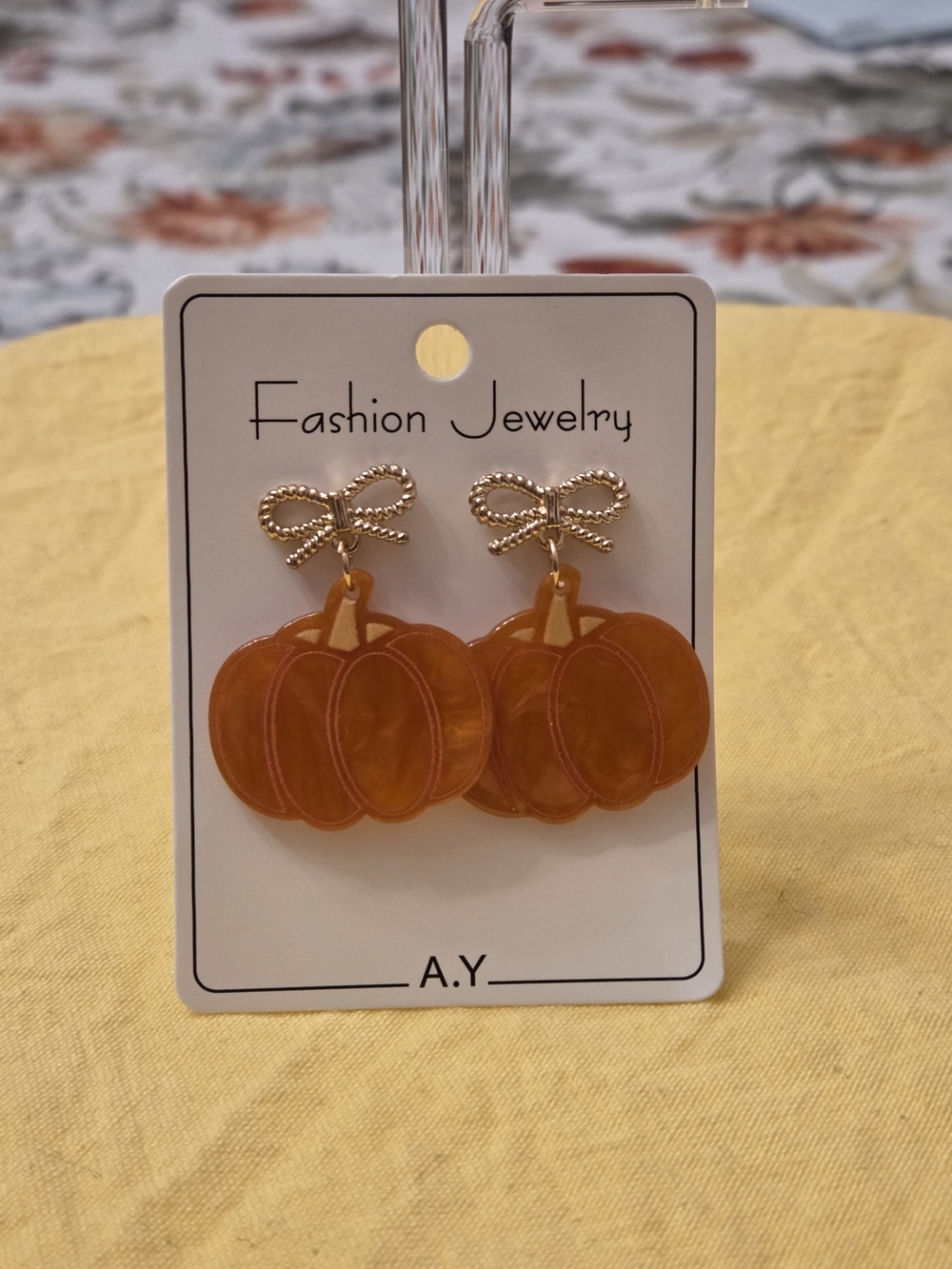 Golden Orange Pumpkin Drop Earrings With Gold Bows - Picture 2 of 5
